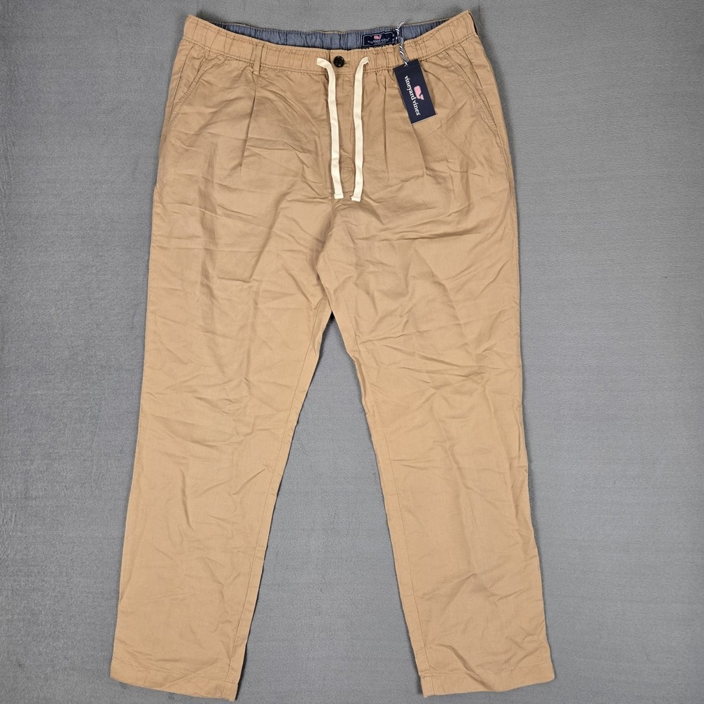 Vineyard Vines Pants Mens XL Beige Chino Linen Cotton Pull On Pleated Casual NWT